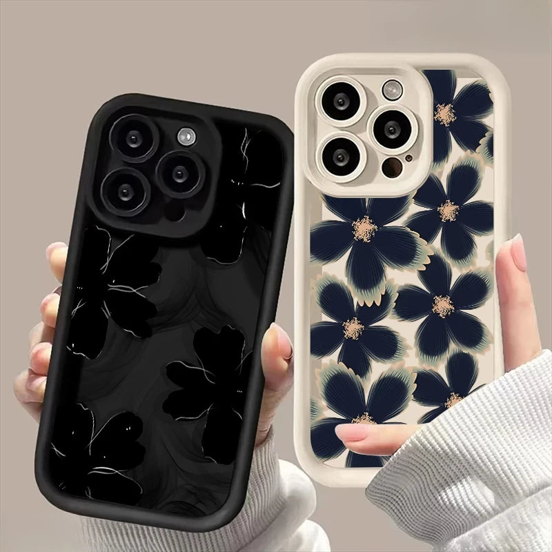 Black Rose Floral Painted Silicone Case – Shockproof Softshell for iPhone 7/8 to 16/Plus/Pro Max