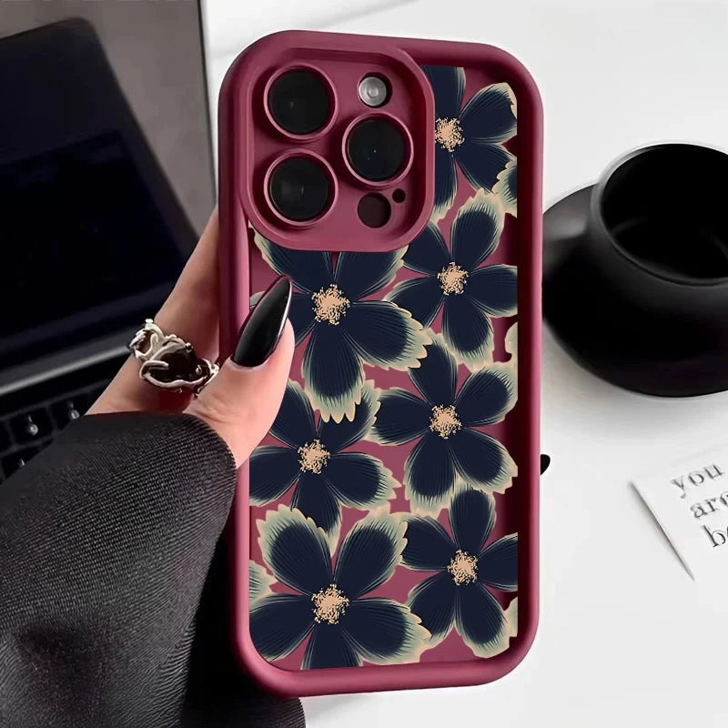 Black Rose Floral Painted Silicone Case – Shockproof Softshell for iPhone 7/8 to 16/Plus/Pro Max