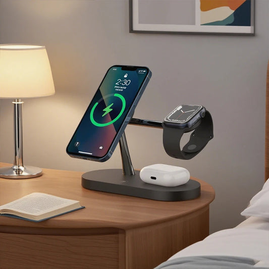 3-in-1 Magnetic Wireless Charger Stand — iPhone 12–17, Apple Watch, AirPods (2/3/Pro)