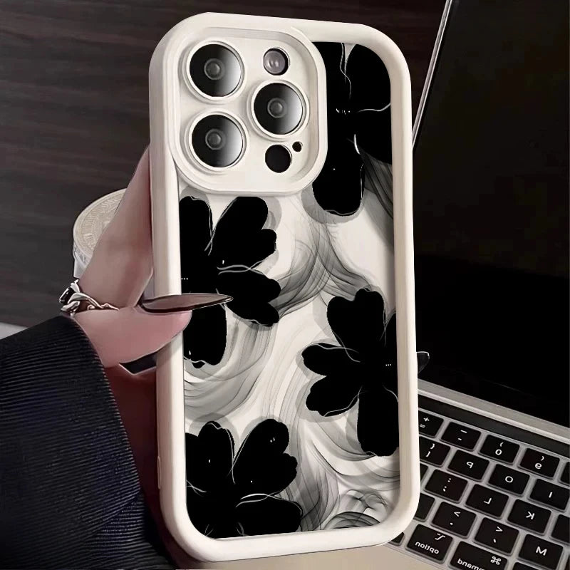 Black Rose Floral Painted Silicone Case – Shockproof Softshell for iPhone 7/8 to 16/Plus/Pro Max