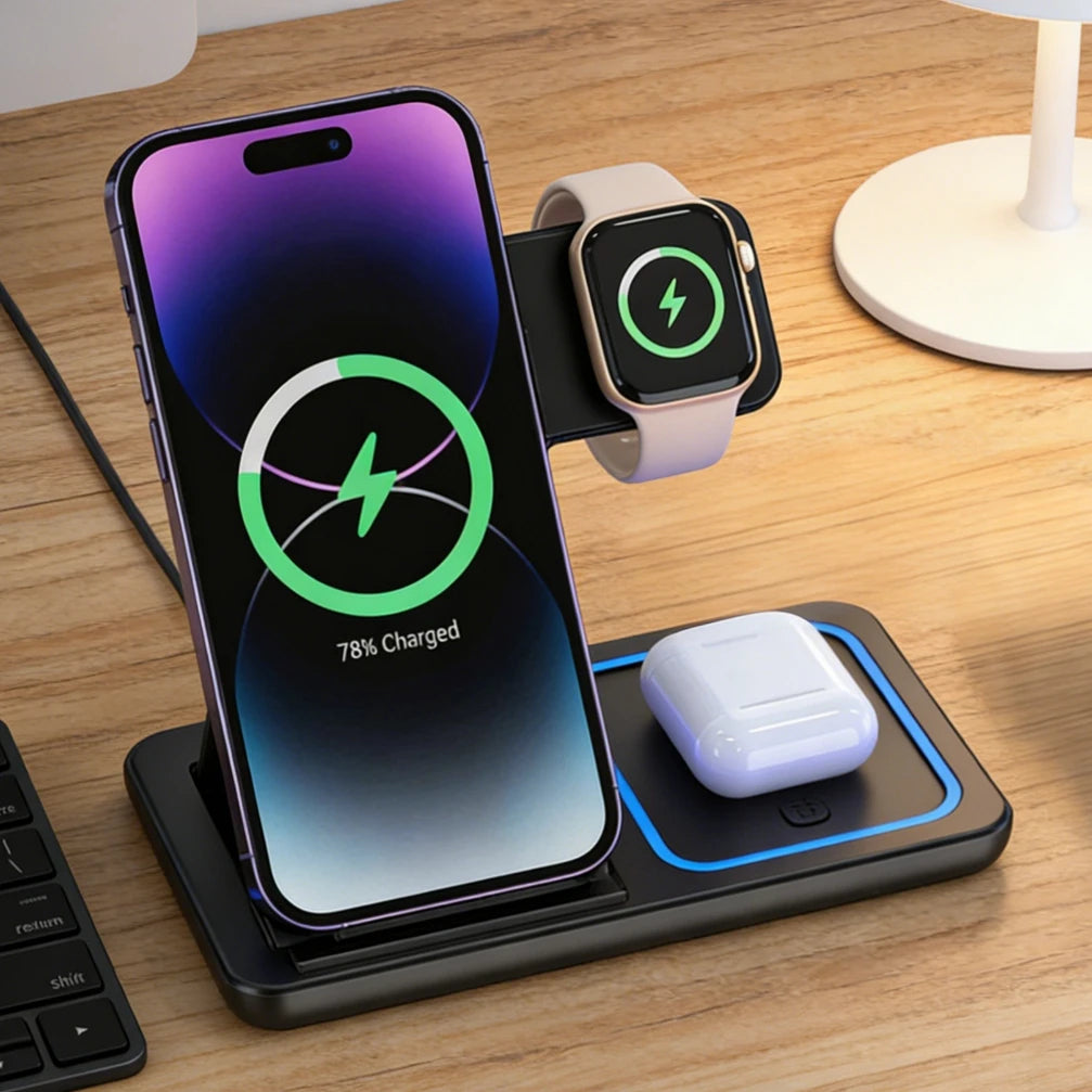 Foldable 3-in-1 30W MagSafe Wireless Charging Station for iPhone, AirPods, and Watch