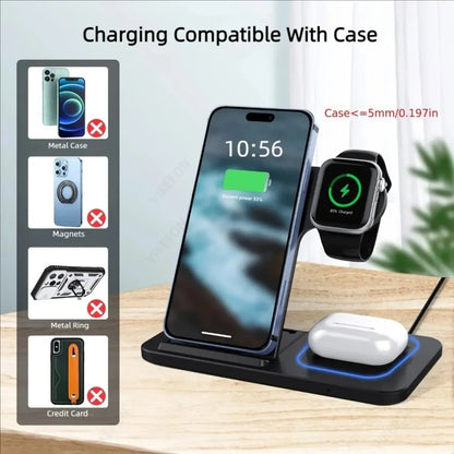 Foldable 3-in-1 30W MagSafe Wireless Charging Station for iPhone, AirPods, and Watch