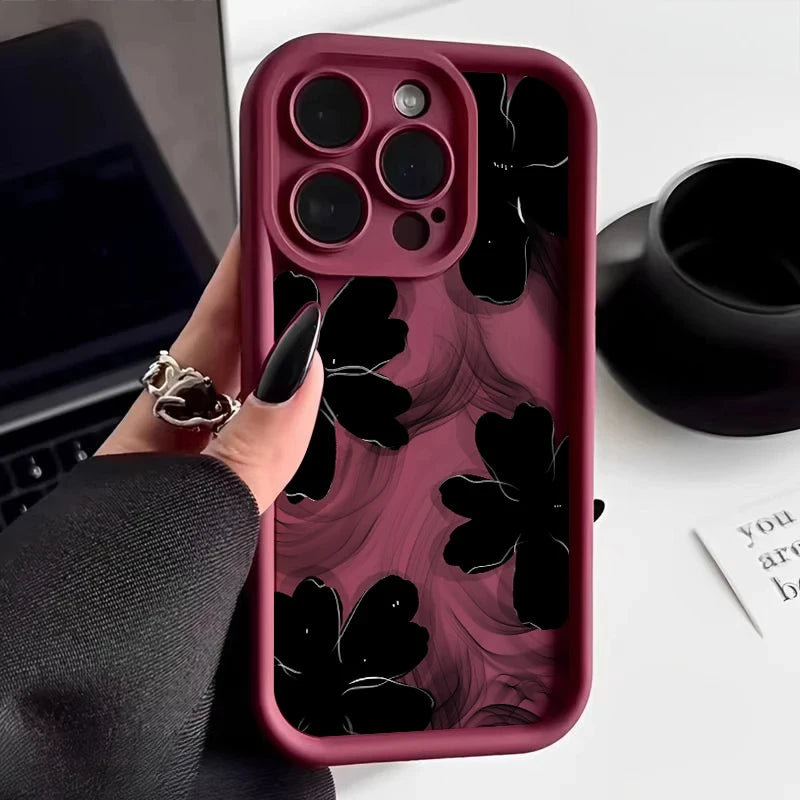 Black Rose Floral Painted Silicone Case – Shockproof Softshell for iPhone 7/8 to 16/Plus/Pro Max