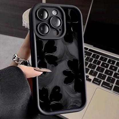 Black Rose Floral Painted Silicone Case – Shockproof Softshell for iPhone 7/8 to 16/Plus/Pro Max