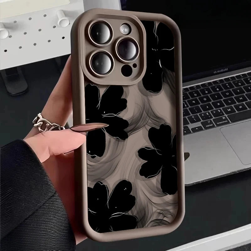 Black Rose Floral Painted Silicone Case – Shockproof Softshell for iPhone 7/8 to 16/Plus/Pro Max