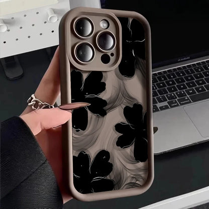 Black Rose Floral Painted Silicone Case – Shockproof Softshell for iPhone 7/8 to 16/Plus/Pro Max