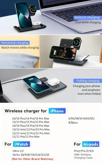 Foldable 3-in-1 30W MagSafe Wireless Charging Station for iPhone, AirPods, and Watch